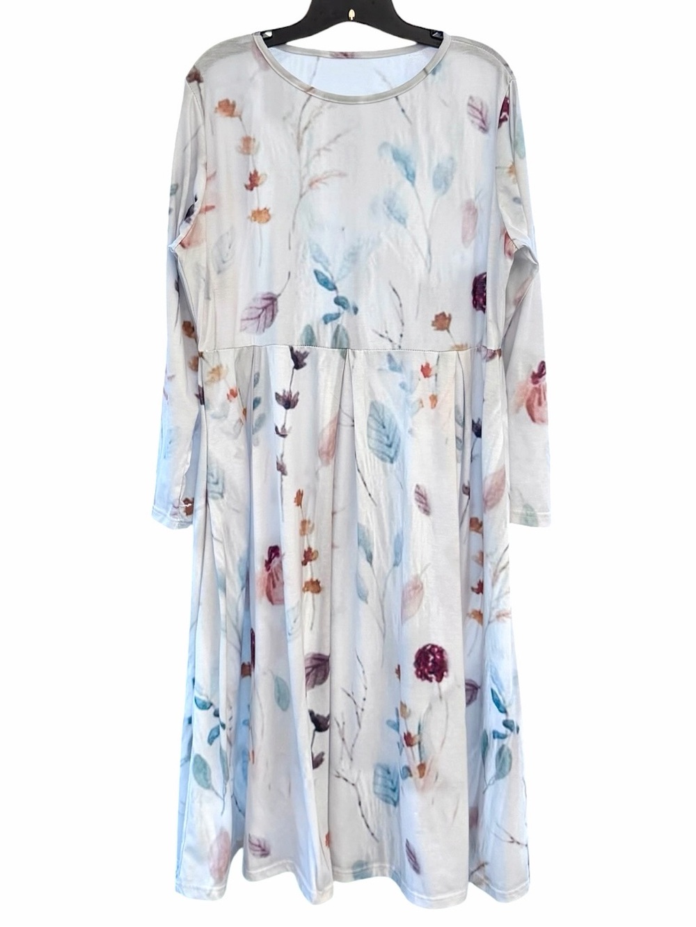 Watercolor Botanical Floral Print Long-Sleeve Winter White Midi Swing Dress ~ XL